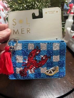 Blue Beaded Lobster Coin Pouch with Red Tassel